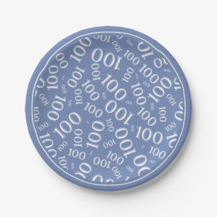 100th Party Random Number Pattern Blue/White Paper Plate