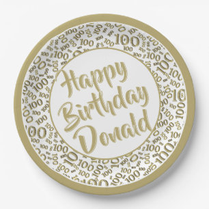 100th Party Random Number Pattern Gold/White Paper Plate