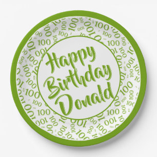 100th Party Random Number Pattern Green/White Paper Plate
