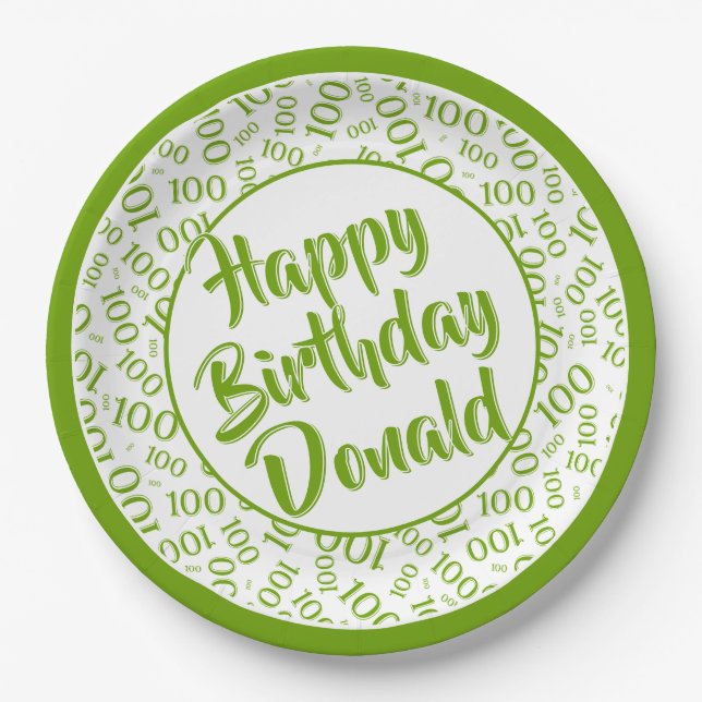 100th Party Random Number Pattern Green/White Paper Plate (Front)