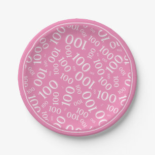 100th Party Random Number Pattern Pink/White Paper Plate