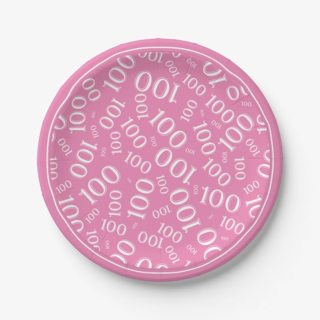 100th Party Random Number Pattern Pink/White Paper Plate (Front)