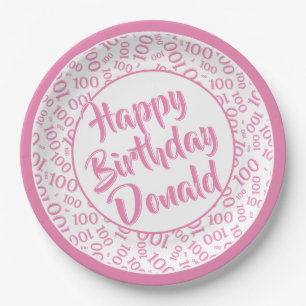 100th Party Random Number Pattern Pink/White Paper Plate