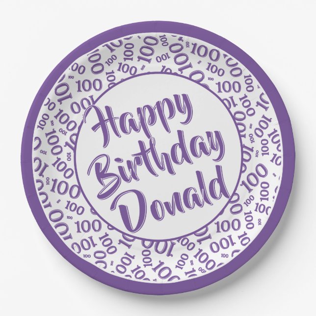 100th Party Random Number Pattern Purple/White Paper Plate (Front)