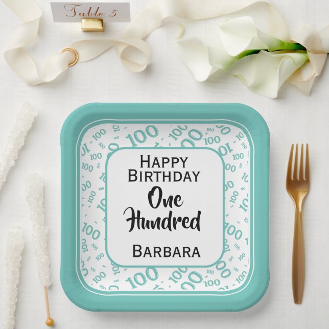 100th Party Random Number Pattern Teal/White Paper Plate (Wedding)