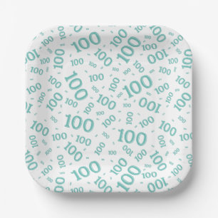 100th Party Random Number Pattern Teal/White Paper Plate