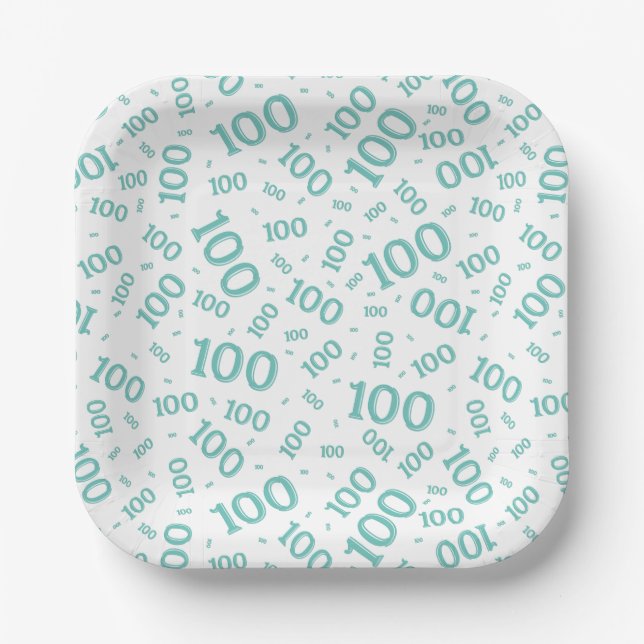 100th Party Random Number Pattern Teal/White Paper Plate (Front)