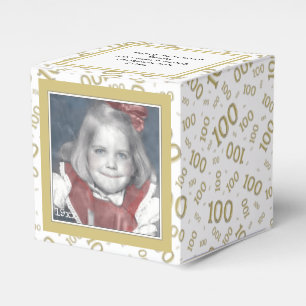 100th Photo Keepsake Gold/White  Number Pattern Favor Box