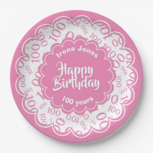 100th Pink/White Random Number Pattern Paper Plate