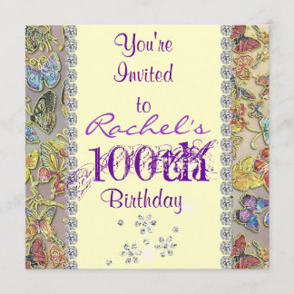 100TH PURPLE BUTTERFLY Birthday Invitation BLING