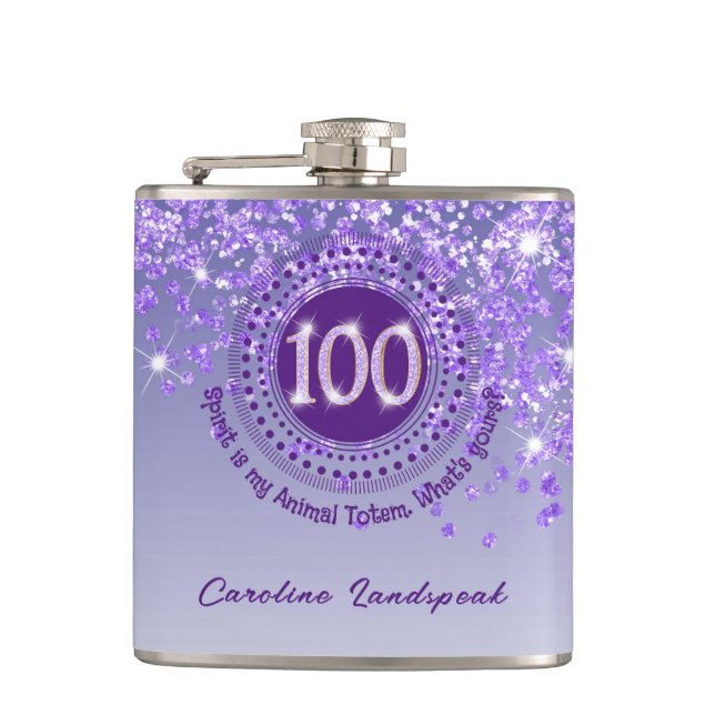 100th & Purple Glitter & Drinking Quote Hip Flask (Front)