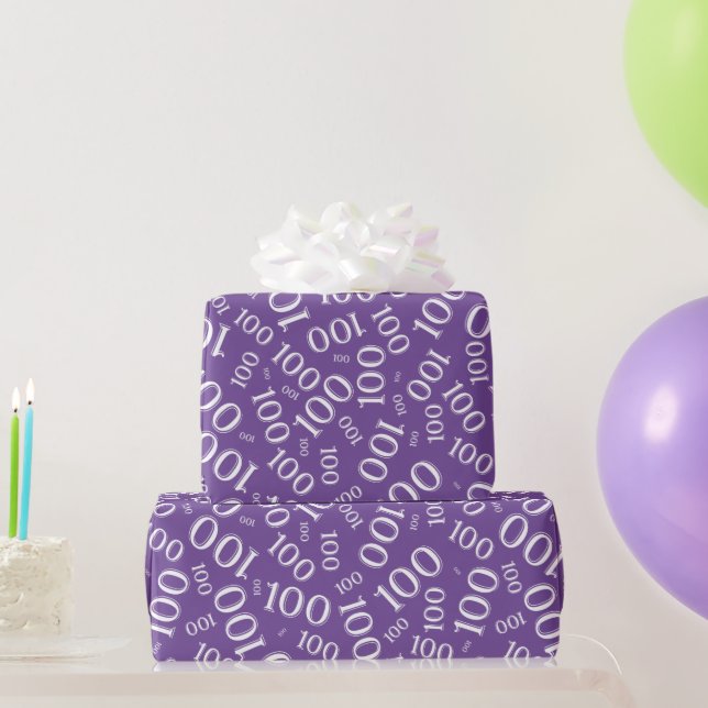 100th Purple/White Random Number Pattern Medium Wrapping Paper (Party Gifts)
