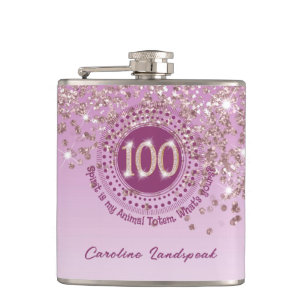 100th & Rose Gold Glitter & Drinking Quote Hip Flask