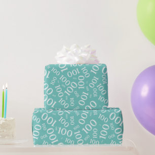 100th Teal/White Random Number Pattern Medium Wrapping Paper