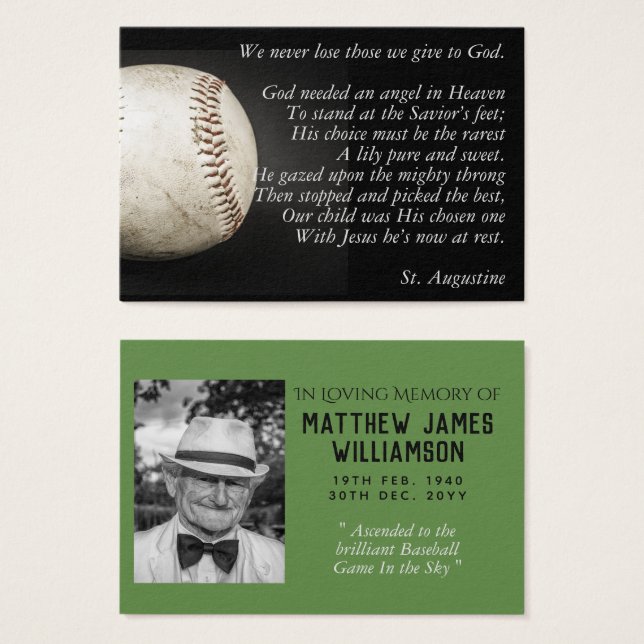 100x Carte de prière commémorative BASEBALL Photo  (Devant & derrière)
