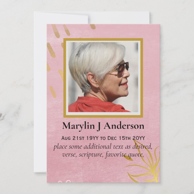 100x Elegant Pink Gold  PHOTO Prayer Memorial Card (Front)