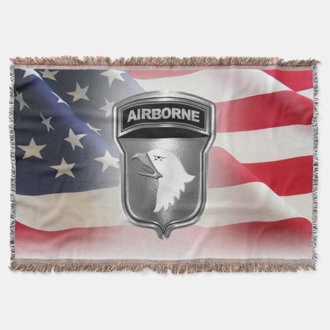101st Airborne Division Custom Silver Framed Patch Throw Blanket (Front)
