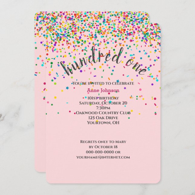 101st Birthday Party confetti Invitation (Front/Back)
