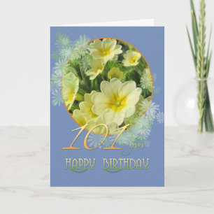 101st Birthday Primroses and blue Card