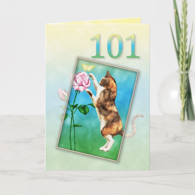101st Birthday with a playful cat Card (Front)