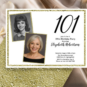 101st Custom Photo White and Gold Invitation
