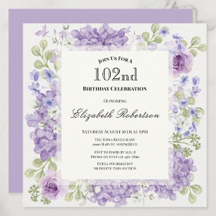 102nd Birthday Invitation Elegant Purple Flowers