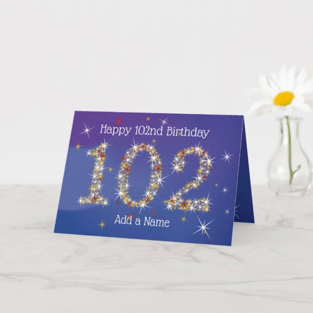 102nd Birthday - Star Numbers - Blue - Age 102 Card (Small Plant)