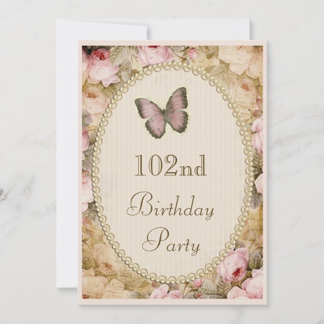102nd Birthday Vintage Roses Butterfly Music Notes Invitation (Front)