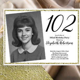 102nd Custom Photo White and Gold  Invitation