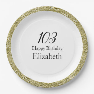 103rd Birthday Black White and Gold Paper Plate
