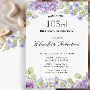 103rd Birthday Invitation Elegant Purple Floral