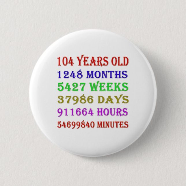 104th  Birthday Milestones 2 Inch Round Button (Front)