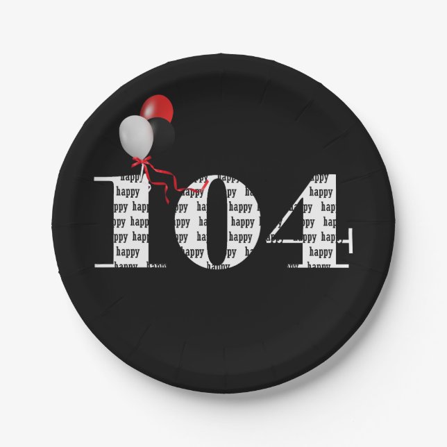 104th birthday party balloons paper plate (Front)
