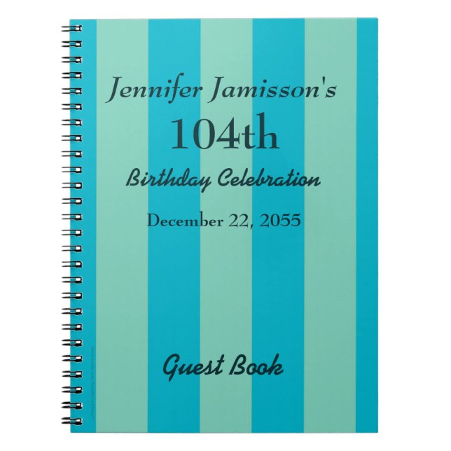 104th Birthday Party Guest Book Blue/Green Stripe (Front)