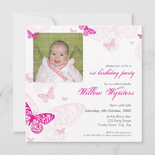 105 - PHOTO BIRTHDAY INVITES :: butterflies 1SQ (Front)