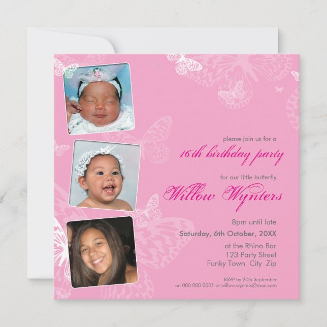 105 - PHOTO BIRTHDAY INVITES :: butterflies 1SQ (Front)