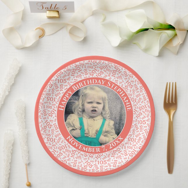 105 Your Photo Random Number Pattern Coral/White  Paper Plate (Wedding)