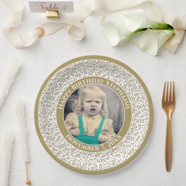 105 Your Photo Random Number Pattern Gold/White Paper Plate (Wedding)