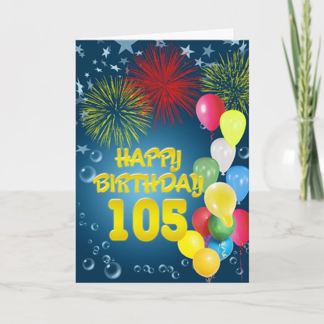 105th Birthday card with fireworks and balloons (Front)