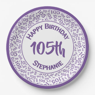 105th Birthday Cool Number Pattern Purple/White Paper Plate
