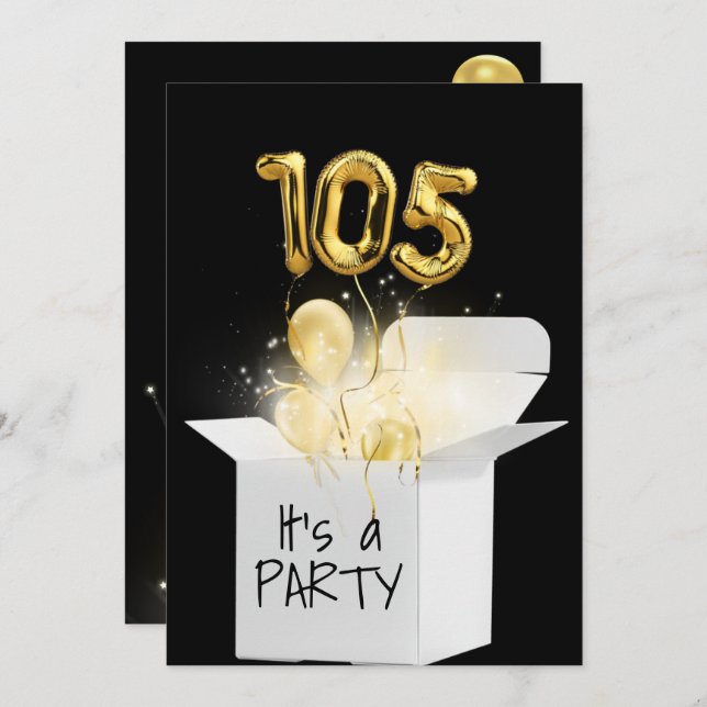 105th Birthday Gold Balloons In White Box   Invitation (Front/Back)