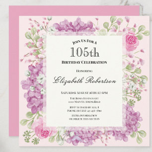 105th Birthday Invitation Elegant Pink Flowers