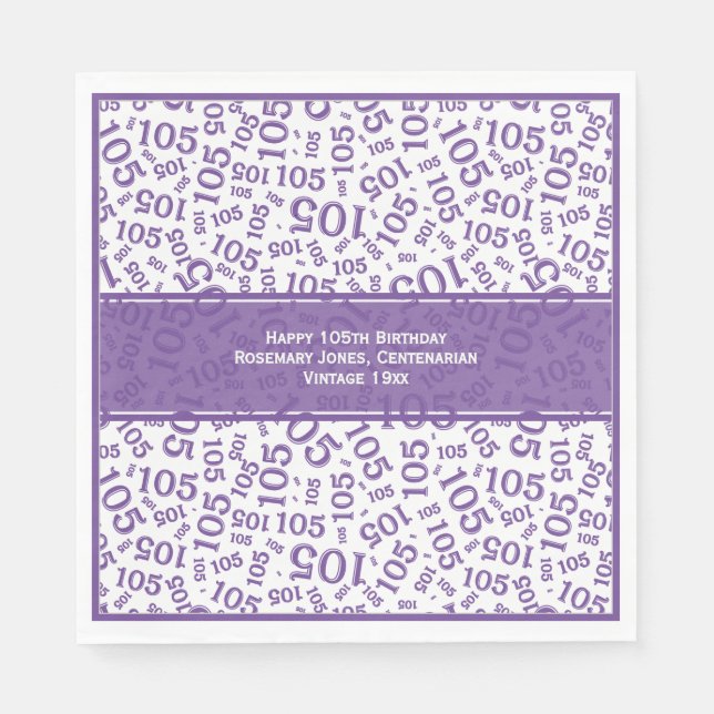 105th Birthday Modern Number Pattern Purple/White Napkin (Front)