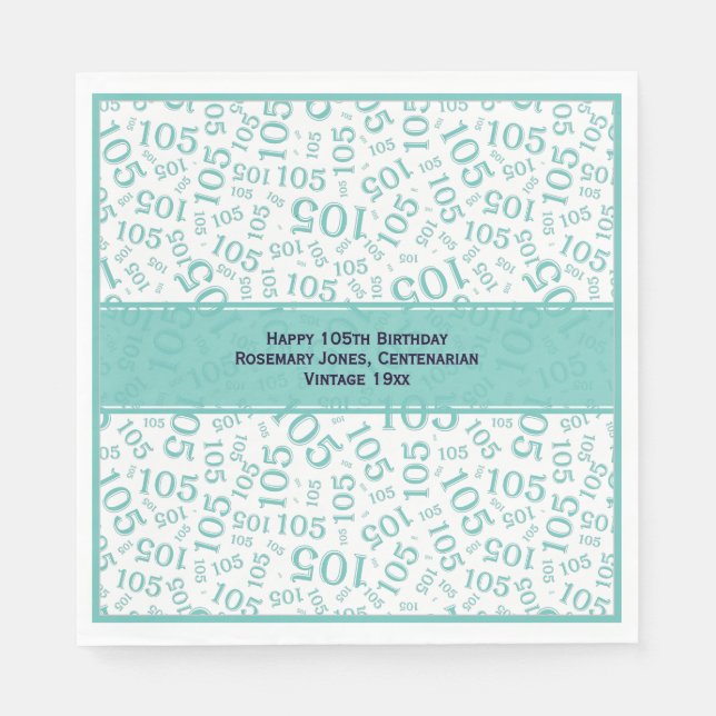 105th Birthday Modern Number Pattern Teal/White Napkin (Front)