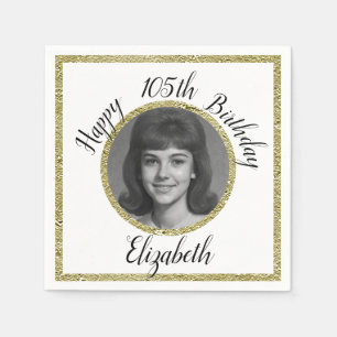 105th Birthday Napkins Custom Photo White Gold 