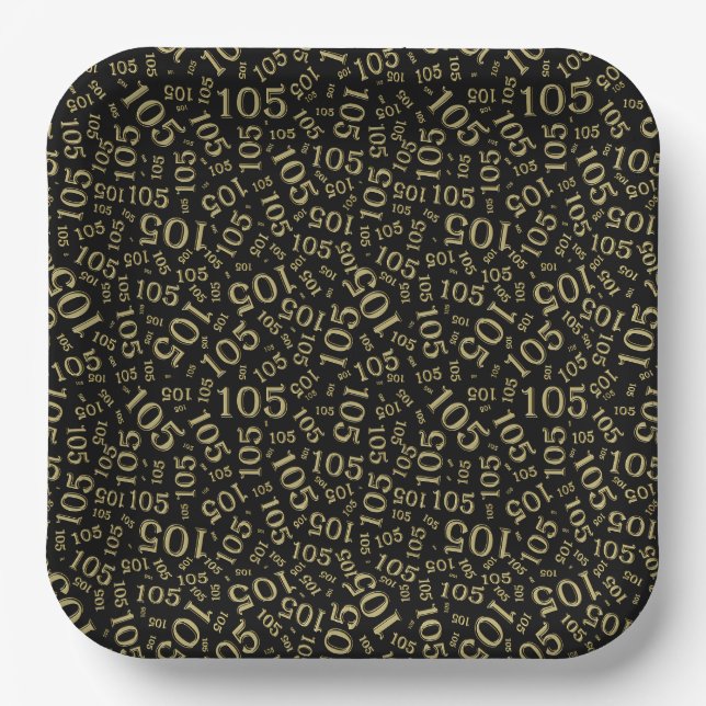 105th Birthday Party Black/Gold Random Pattern Paper Plate (Front)