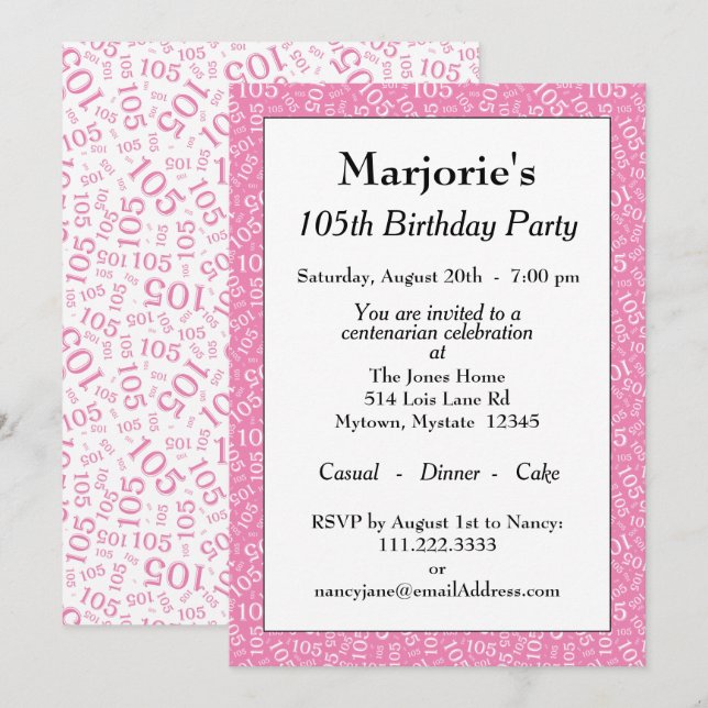 105th Birthday Party Pink/White Number Pattern Invitation (Front/Back)