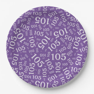 105th Birthday Party Purple/White Random Pattern Paper Plate