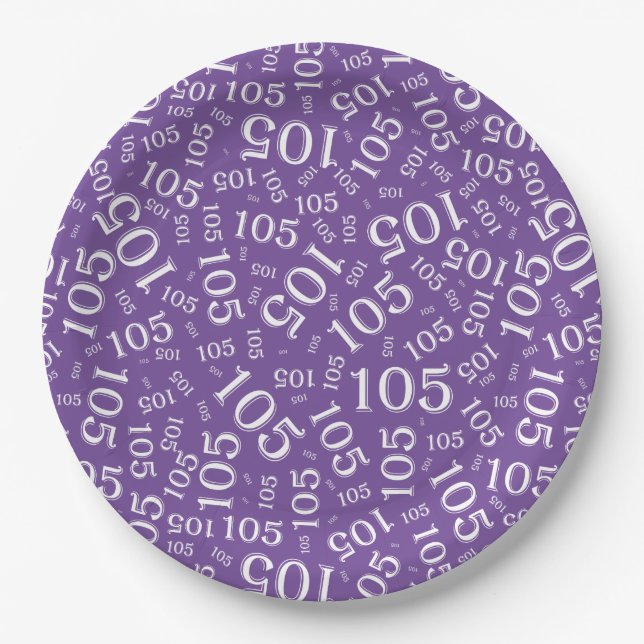 105th Birthday Party Purple/White Random Pattern Paper Plate (Front)
