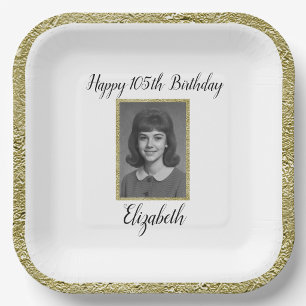 105th Birthday Plate Custom Photo White and Gold